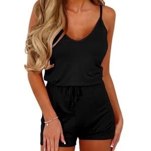 Dreamskull navy blue romper in cotton spandex blend with elastic tie waist